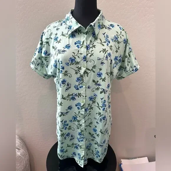 LULAROE | Blue Floral Button Down Short Sleeve Relaxed Fit Top | Medium - Picture 2 of 6